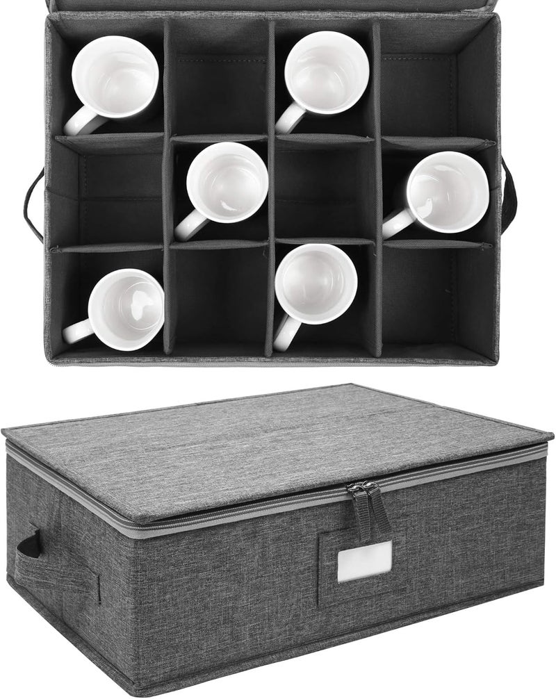 popoly Cup and Mug Storage Box, China Cup Storage Containers Chest with Zipper Lid and Handles, Holds 12 Coffee Mugs and Tea Cups, Hard Shell and Stackable (Grey) - Image 2